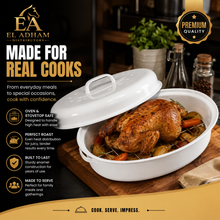 15" Oval Covered Roaster with Metal Grate - Ivory| Oven-Safe Non-Stick Bakeware