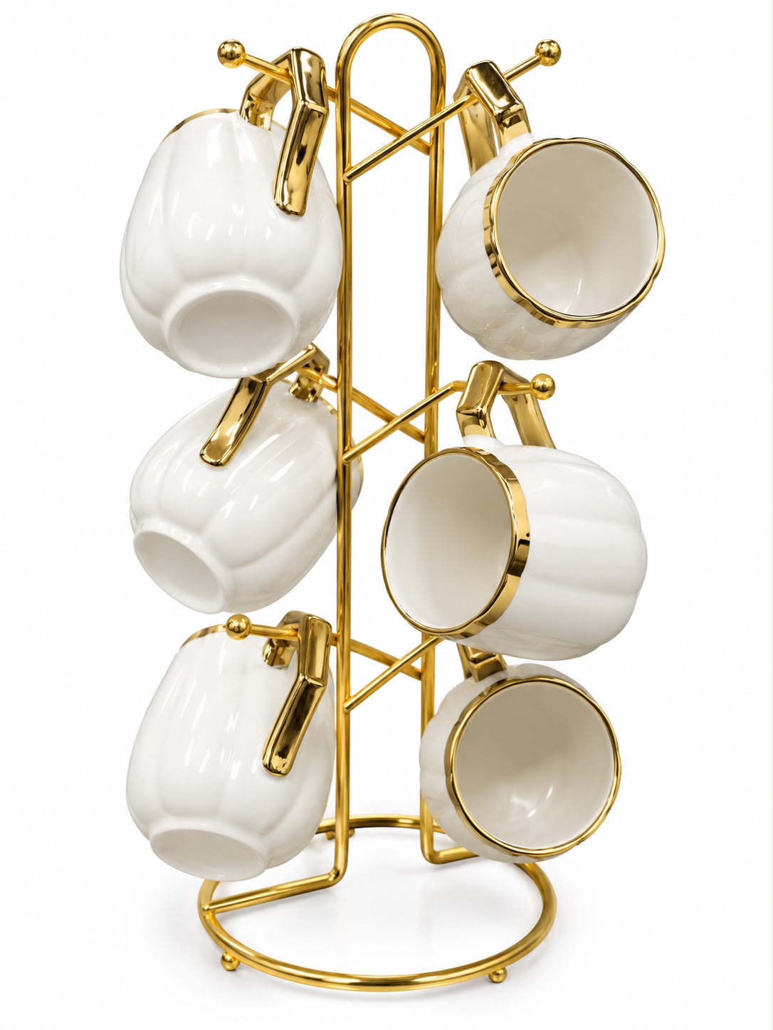 Luxury White & Gold Sculpted Mug Set with Hanging Display Stand, 6-Piece Coffee Cup Set