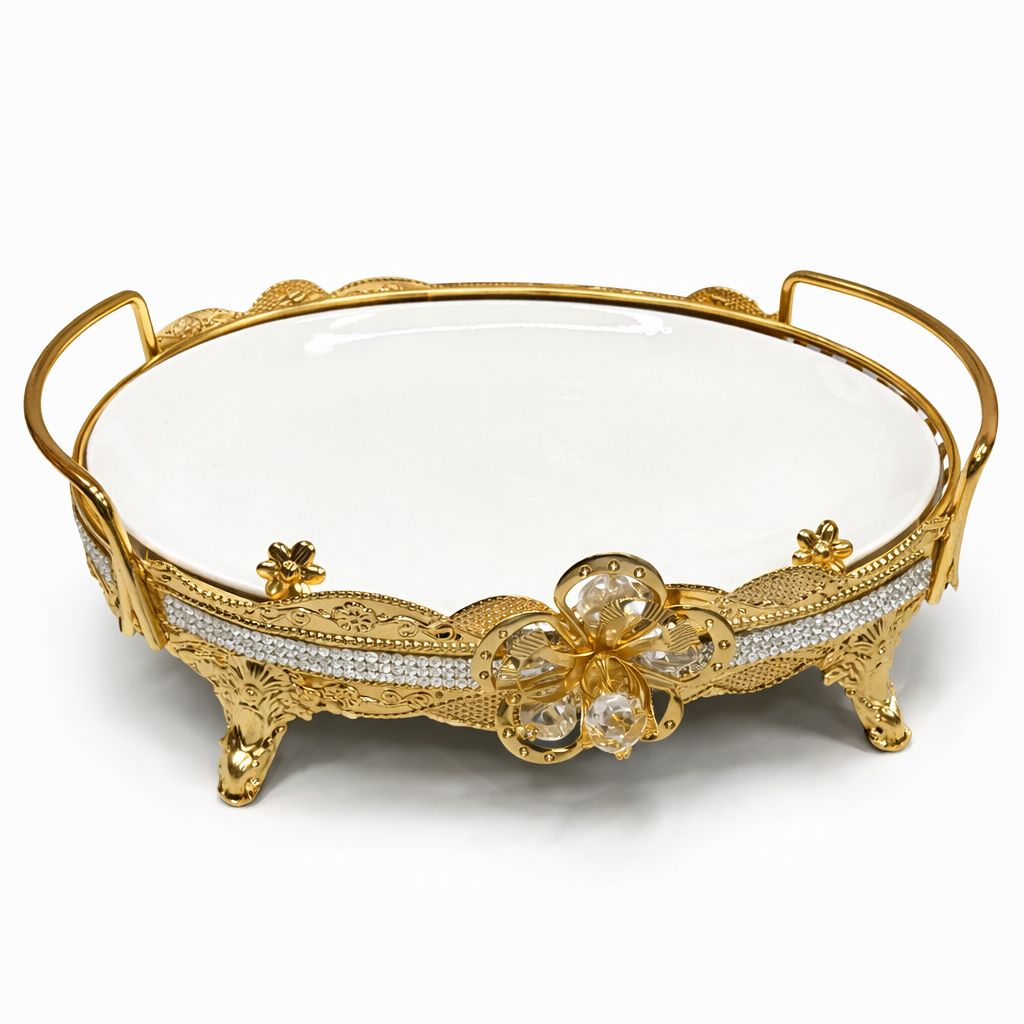 Luxury Gold Crystal Accent Ceramic Serving Bowl with Handles - Decorative Design