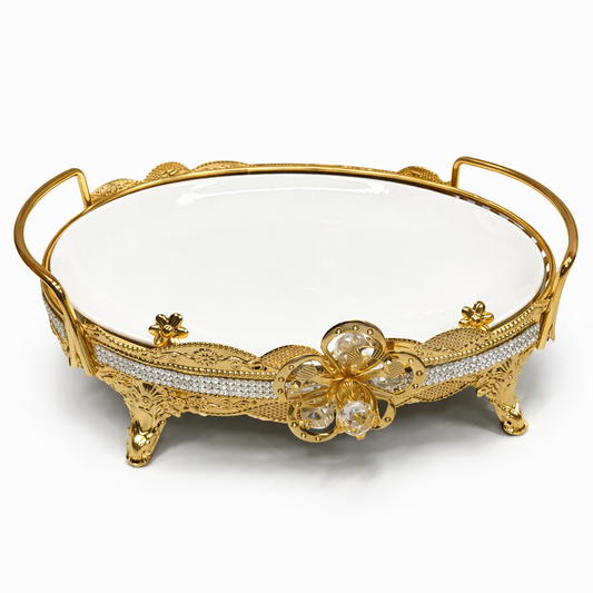 Luxury Gold Crystal Accent Ceramic Serving Bowl with Handles - Decorative Design