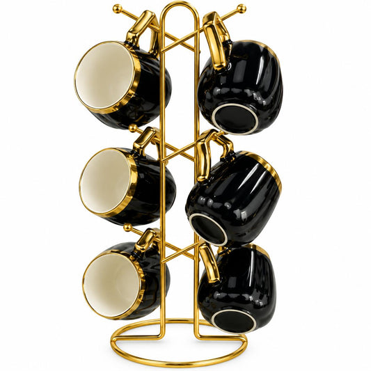 6-Piece Textured Coffee Mug Set with Gold Display Rack – Black & Gold