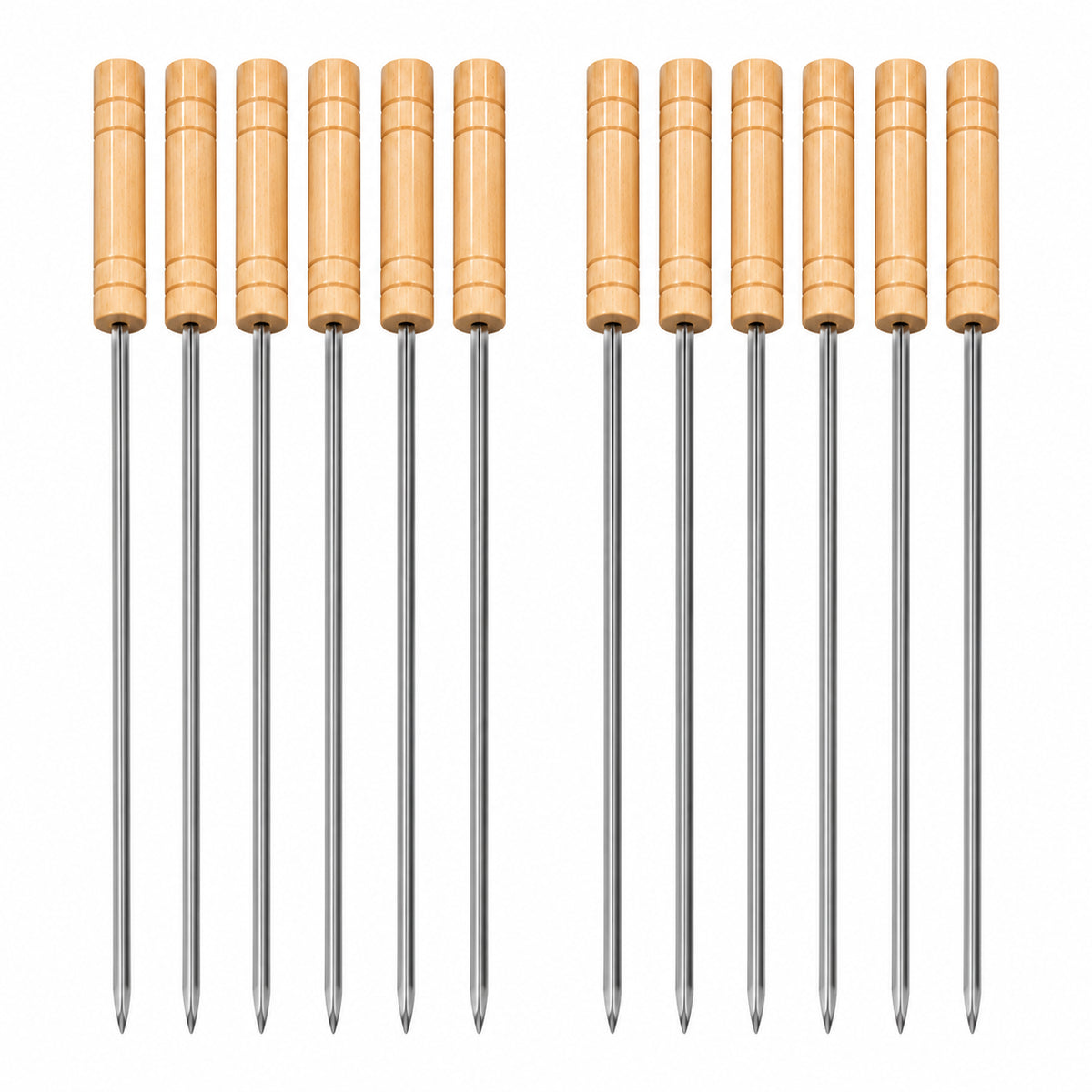 12-Piece BBQ Skewer Set with Wooden Handles – Reusable Metal Kabob Skewers for Grilling, Large, 15.5 Inch