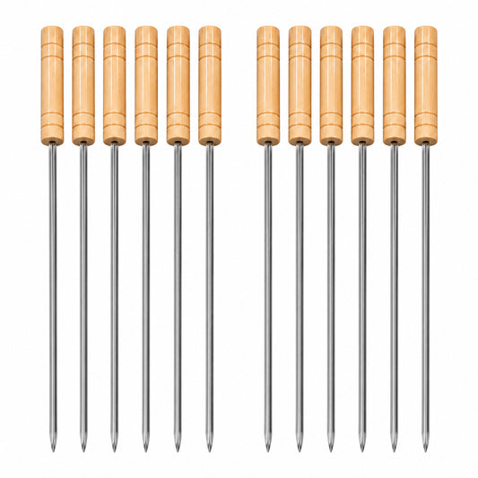 12-Piece BBQ Skewer Set with Wooden Handles – Reusable Metal Kabob Skewers for Grilling, Large, 15.5 Inch