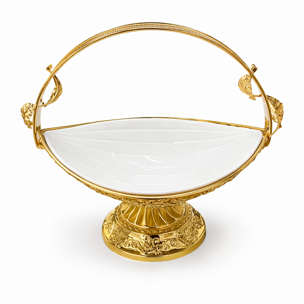 Luxury Gold Pedestal Fruit & Serving Bowl with Handle and Gold Floral Accents