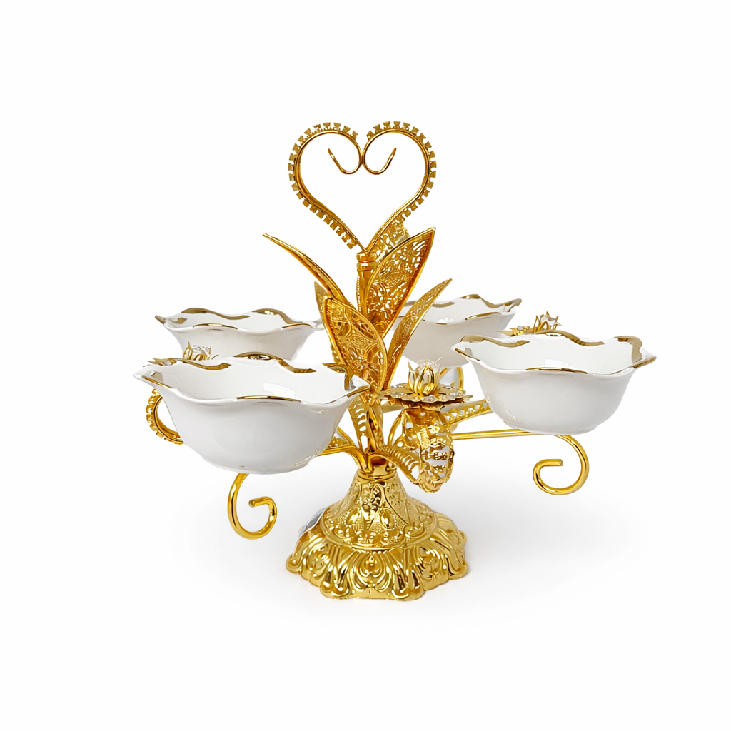 Luxury 4-Bowl Porcelain Candy Serving Stand with Gold Tropical Frame