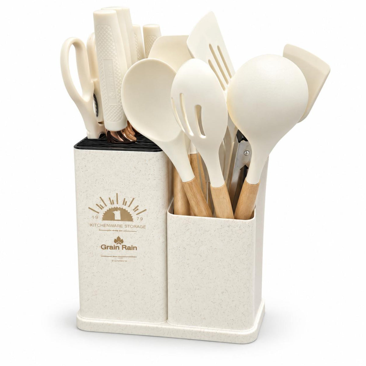 19-Piece Cream Kitchen Utensil & Knife Set with 15-Inch Dual-Compartment Countertop Organizer