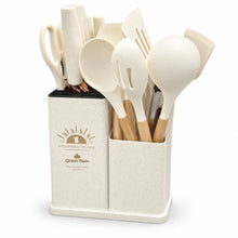 19-Piece Cream Kitchen Utensil & Knife Set with 15-Inch Dual-Compartment Countertop Organizer
