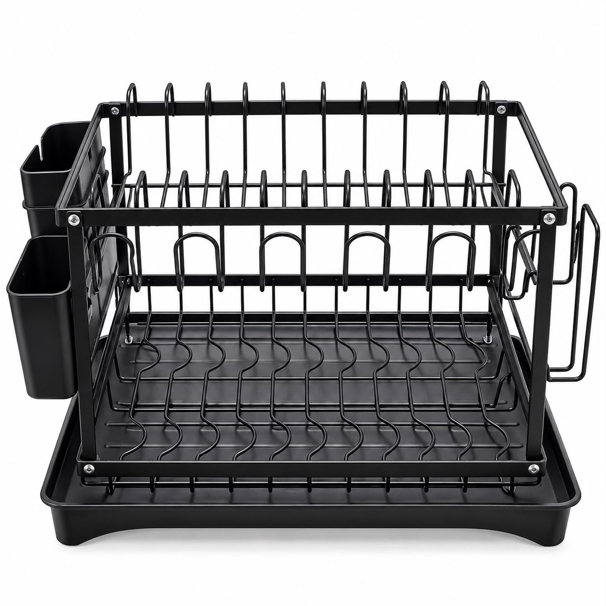 2-Tier Black Kitchen Dish Drying Rack with Drain Tray & Utensil Holders – Space-Saving Countertop Dish Organizer