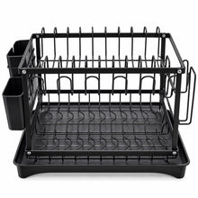 2-Tier Black Kitchen Dish Drying Rack with Drain Tray & Utensil Holders – Space-Saving Countertop Dish Organizer