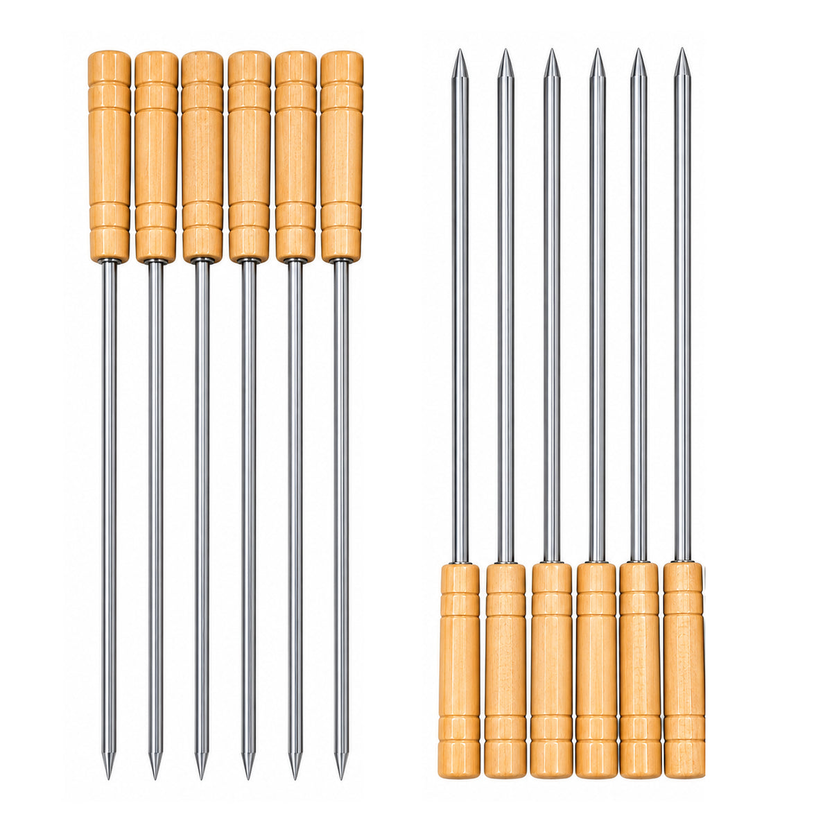 12-Piece BBQ Skewer Set with Wooden Handles – Reusable Metal Kabob Skewers for Grilling, Small, 12"