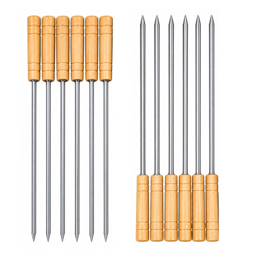 12-Piece BBQ Skewer Set with Wooden Handles – Reusable Metal Kabob Skewers for Grilling, Small, 12"
