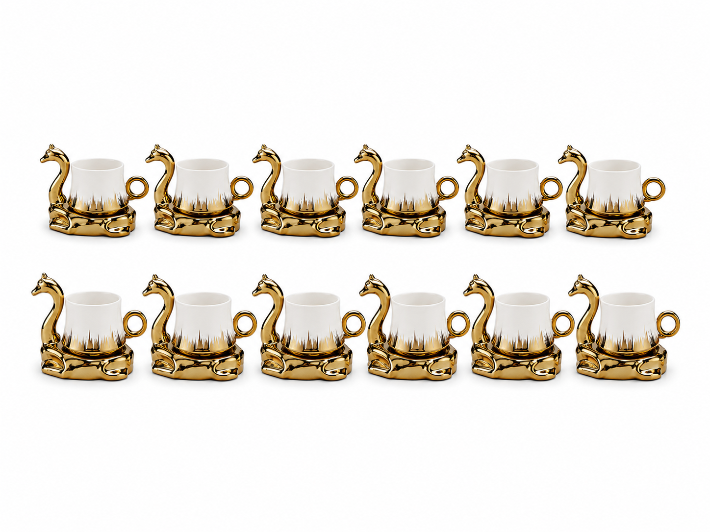Camel Handled Ceramic Espresso Cup Set - White & Gold 12 Piece Collection
