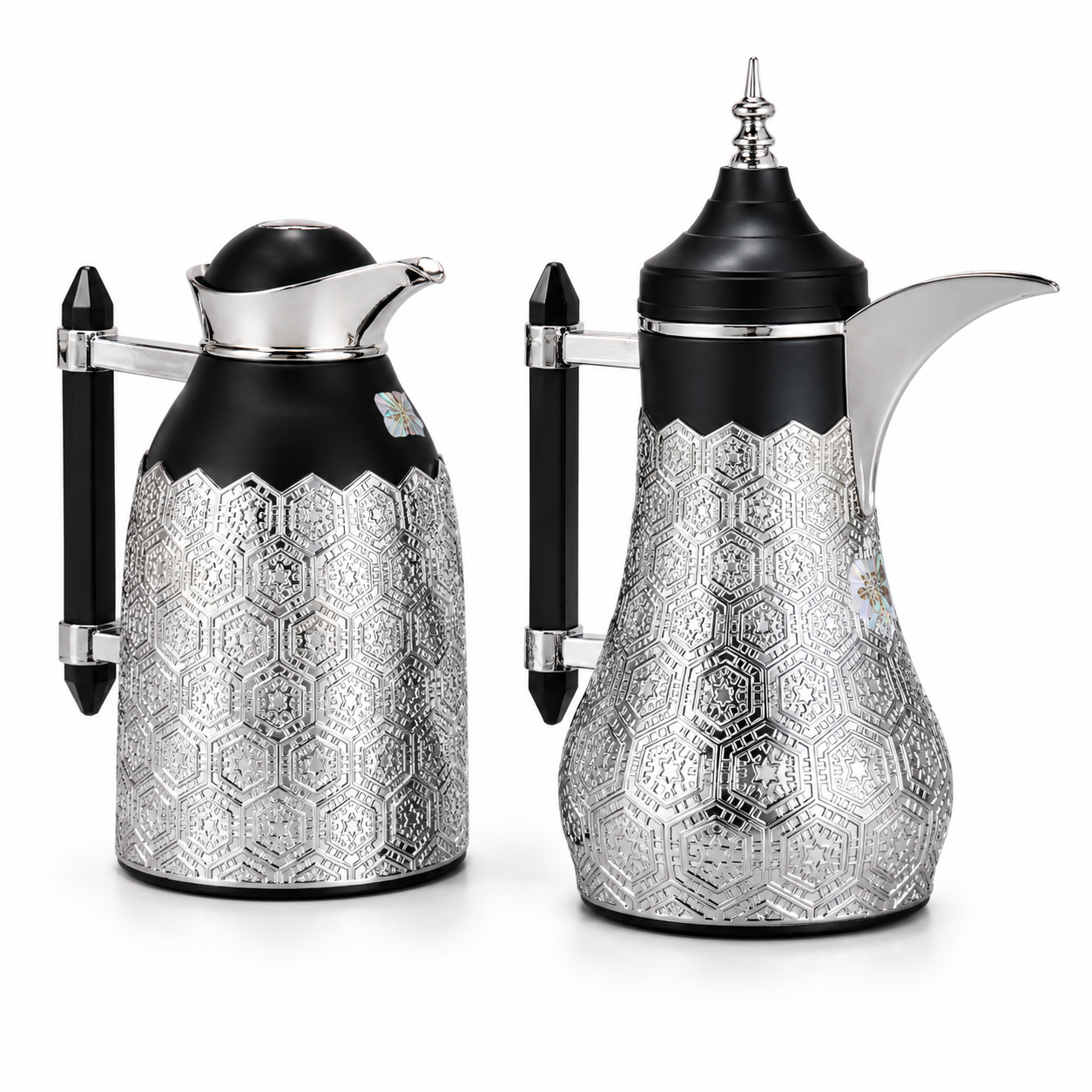 Black & Silver Geometric Arabic Dallah Thermal Flask Set - 0.7L + 1.0L
