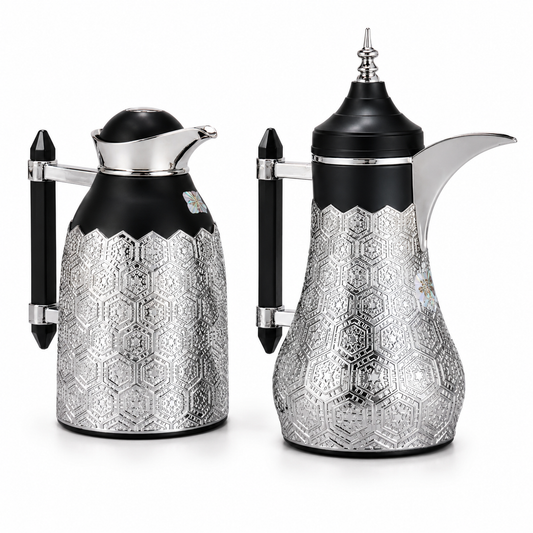 Black & Silver Geometric Arabic Dallah Thermal Flask Set - 0.7L + 1.0L