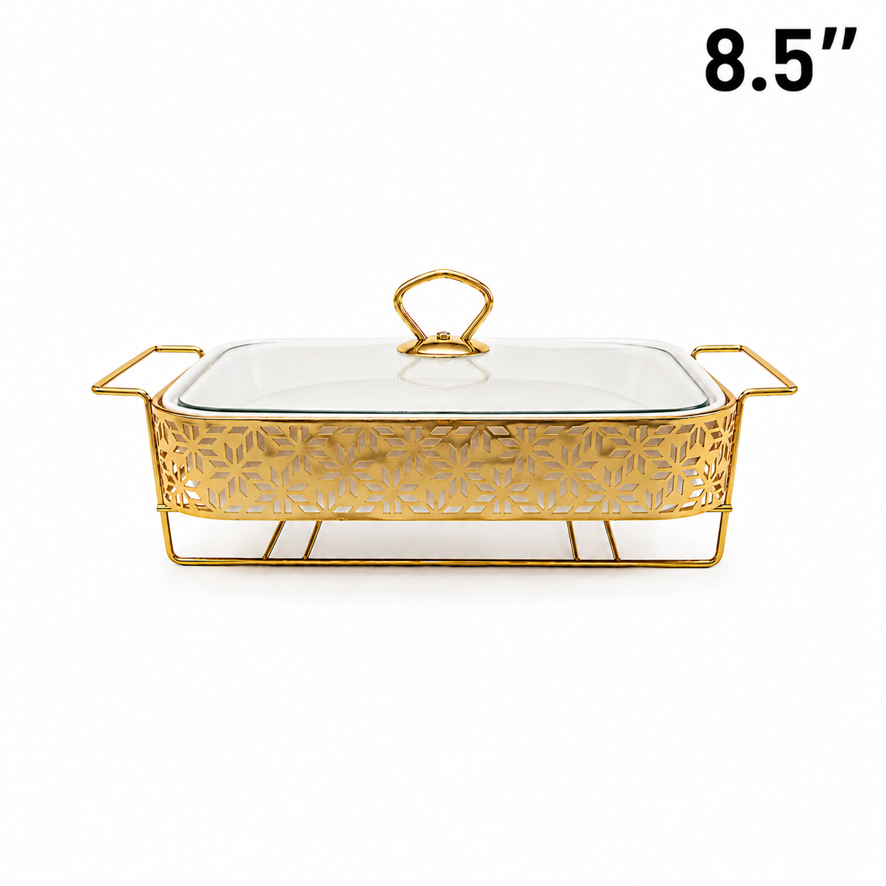 Elegant Star Pattern Gold Rectangular Serving Dish with Glass Lid and Metal Stand - 8.5"
