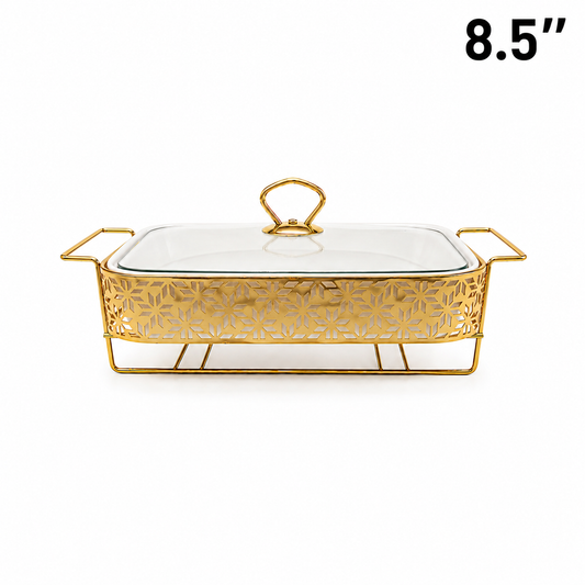 Elegant Star Pattern Gold Rectangular Serving Dish with Glass Lid and Metal Stand - 8.5"