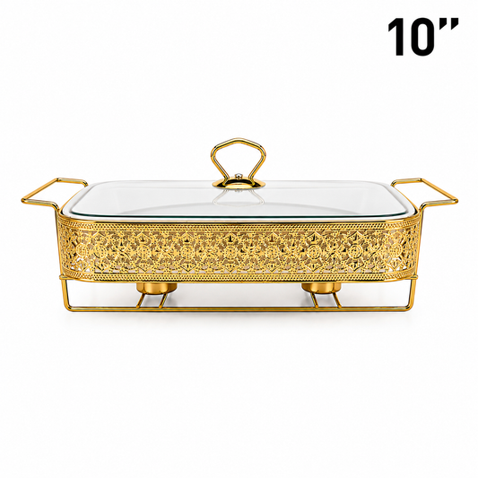 Elegant Floral Pattern Gold Rectangular Serving Dish with Glass Lid and Metal Stand - 10"