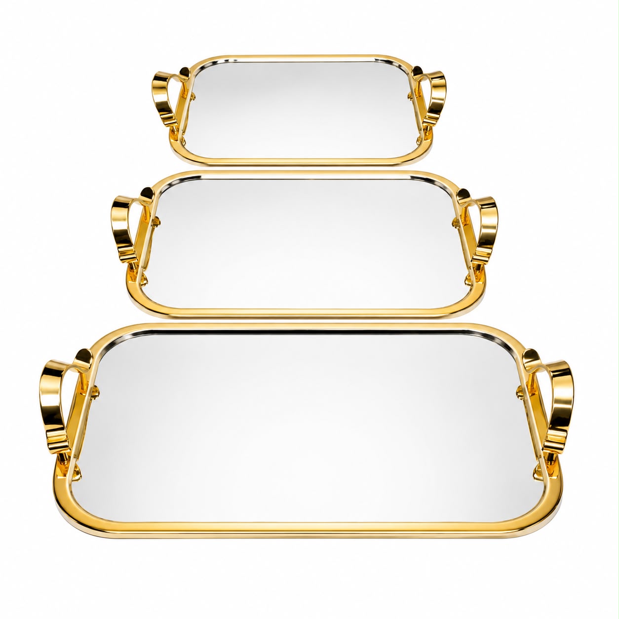 3-Piece Premium Gold Rectangular Decorative Tray Set with Mirrored Glass