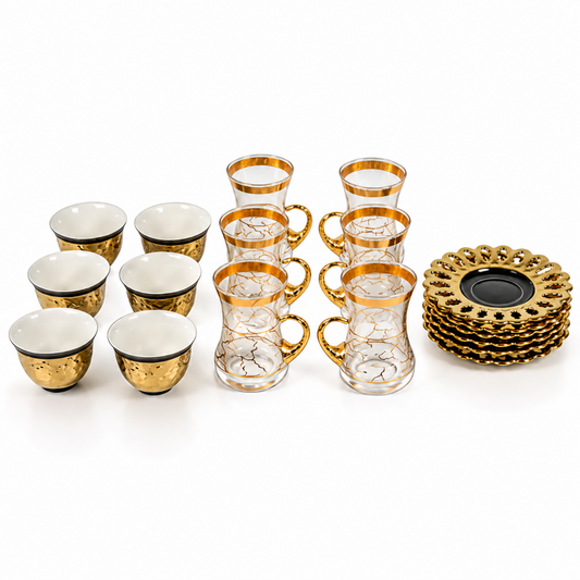 Elegant Turkish Tea Cup Set with Gold Accents – 18-Piece Coordinated Serving Set