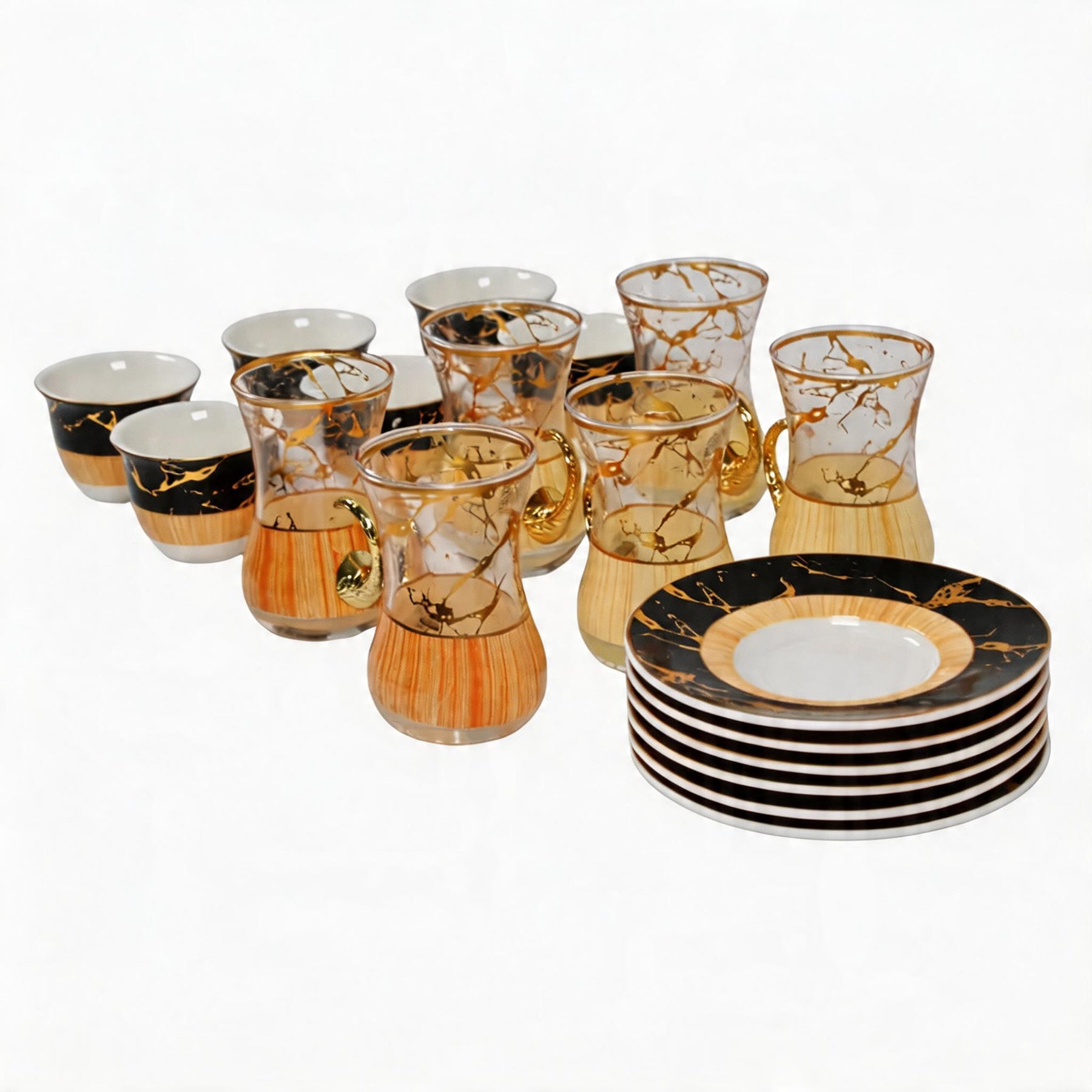 Elegant Turkish Tea Cups with Orange Marble Design - 18 Piece