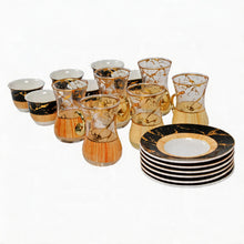 Elegant Turkish Tea Cups with Orange Marble Design - 18 Piece