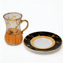 Elegant Turkish Tea Cups with Orange Marble Design - 18 Piece
