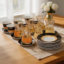 Elegant Turkish Tea Cups with Orange Marble Design - 18 Piece