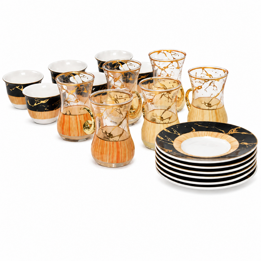 Elegant Turkish Tea Cups with Orange Marble Design - 18 Piece