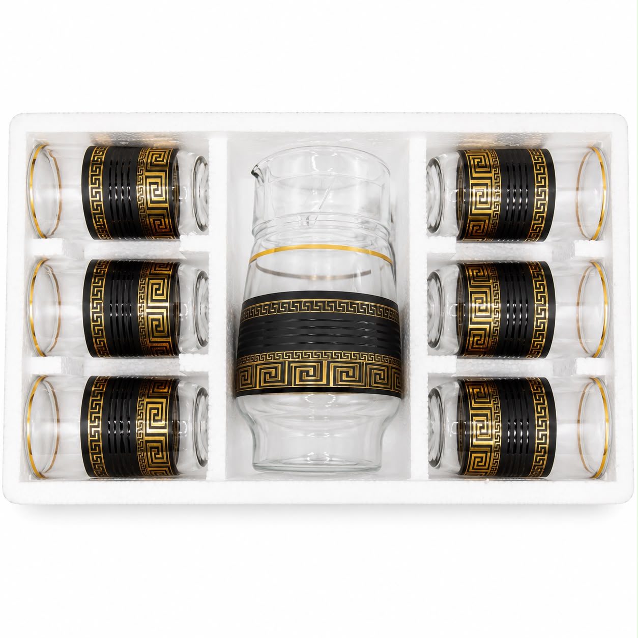 Modern 7-Piece Glass Juice & Water Serving Set – Black & Gold Meander Pattern