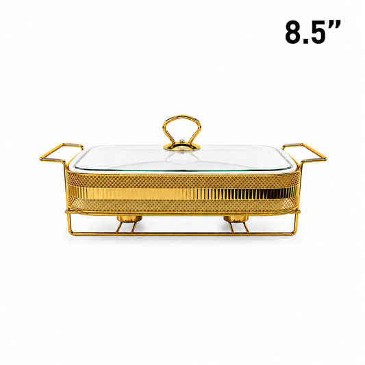 Elegant Geometric Pattern Gold Rectangular Serving Dish with Glass Lid and Metal Stand - 8.5"