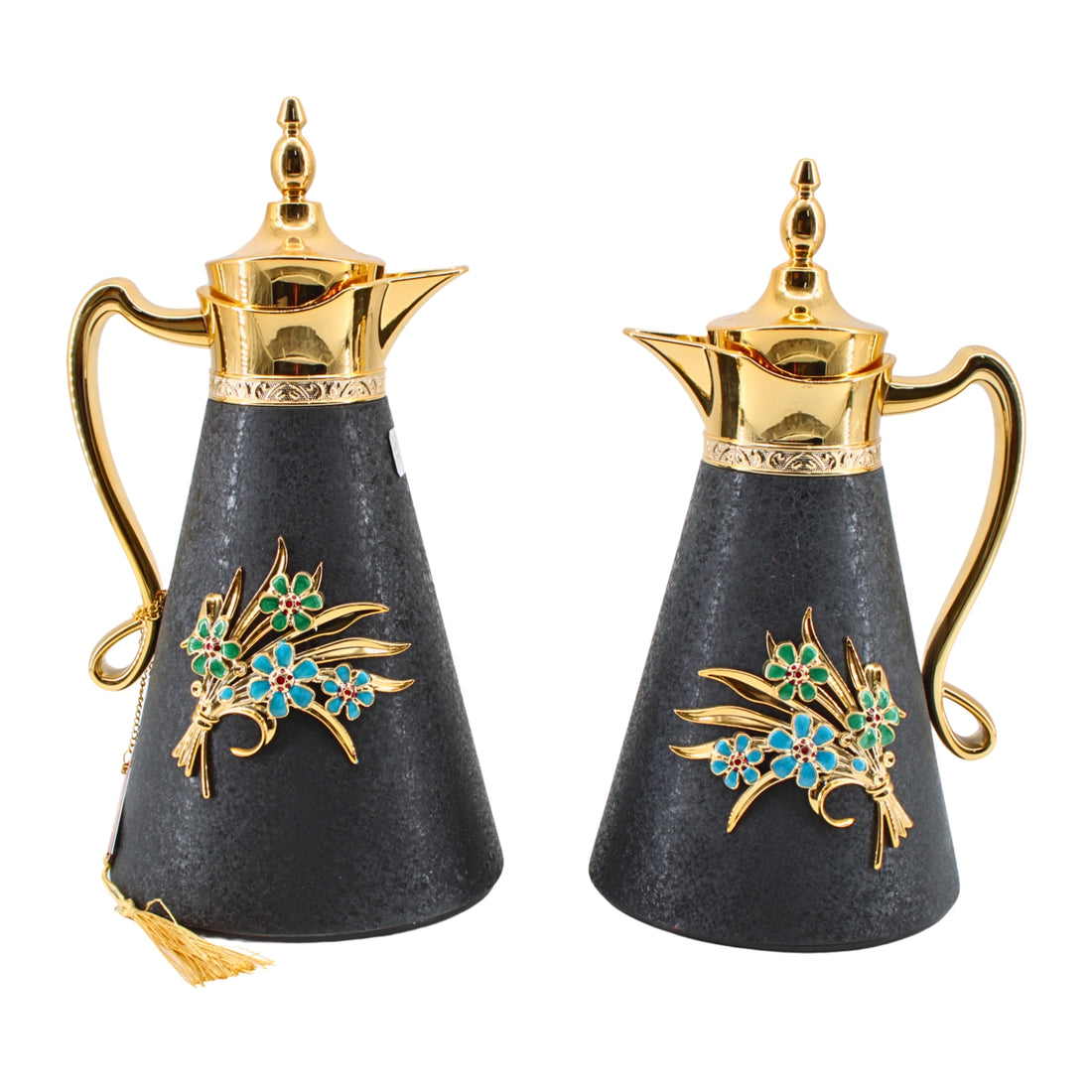 2-Piece Black Vacuum Flask Set (0.7L + 1.0L) with Gold Handle & Floral Accent
