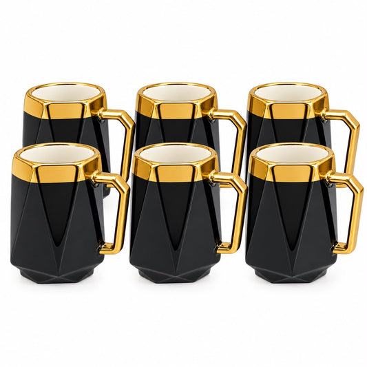 Premium 6-Piece Geometric Coffee Mug Set – Black & Gold with Statement Handles