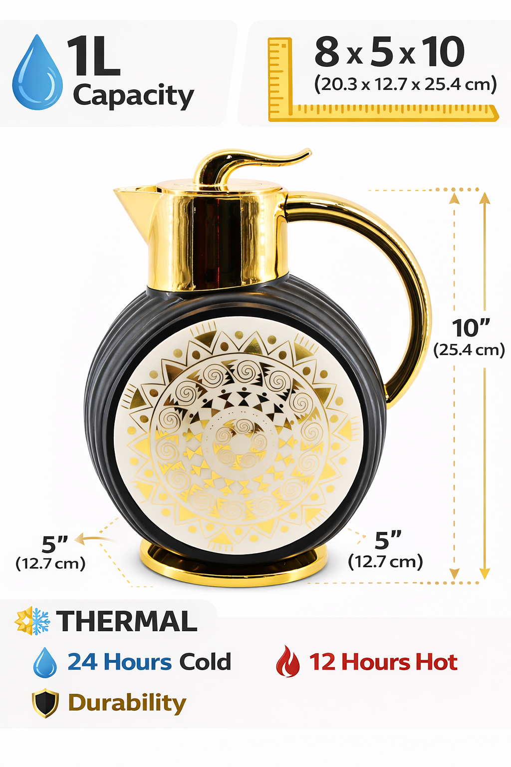 Majlis Mosaic Round Vacuum Jug Flask Black & Gold 1L