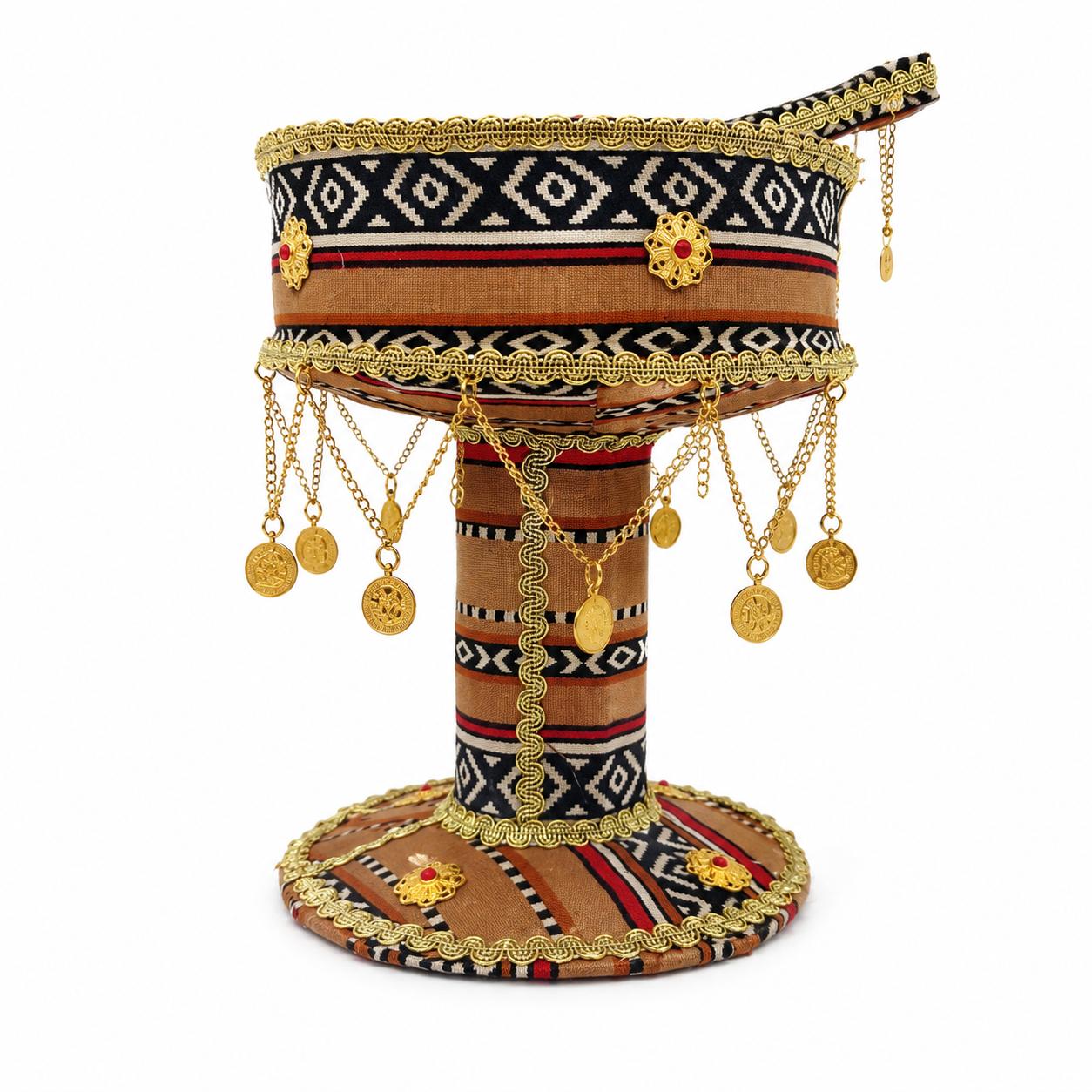 Traditional San'ani Decorated Steel Charcoal Holder 9" x 6.5" - Beige-Black-Red