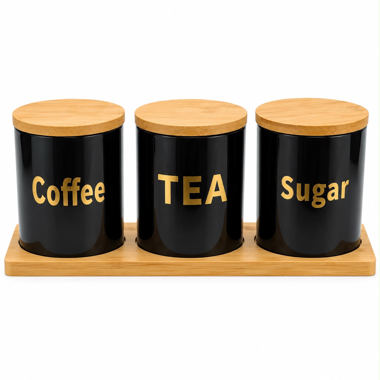 3-Piece Sugar, Coffee & Tea Canister Set with Bamboo Lids and Wooden Tray- Black