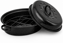 15" Oval Covered Roaster with Metal Grate - Black | Oven-Safe Non-Stick Bakeware
