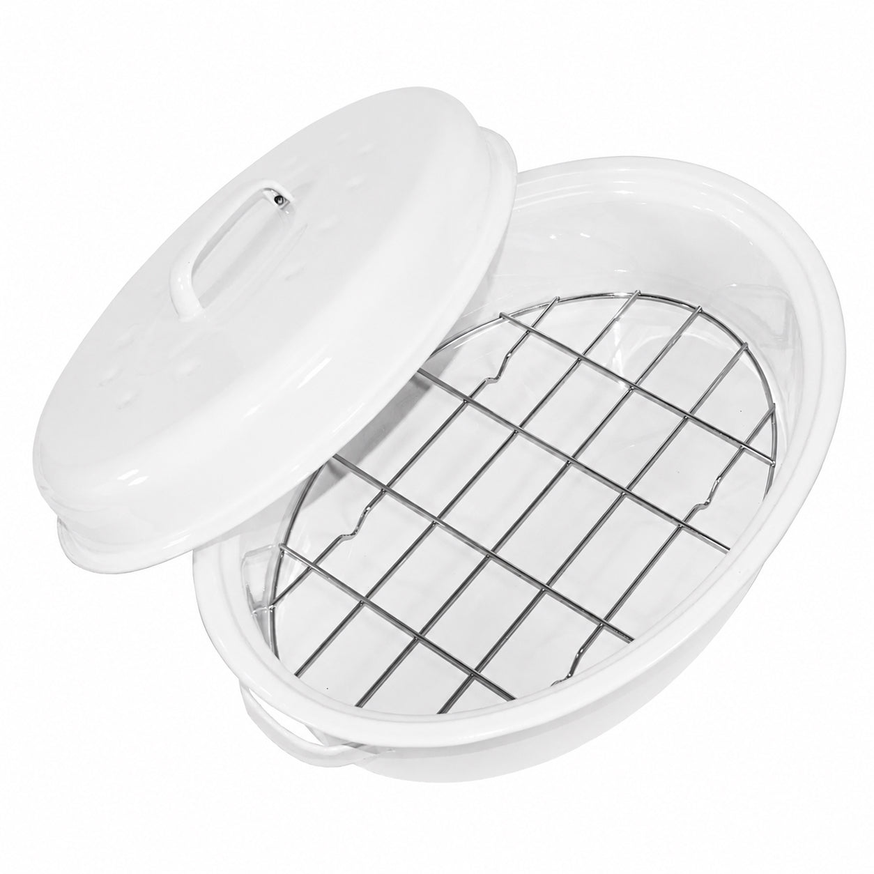 15" Oval Covered Roaster with Metal Grate - Ivory| Oven-Safe Non-Stick Bakeware