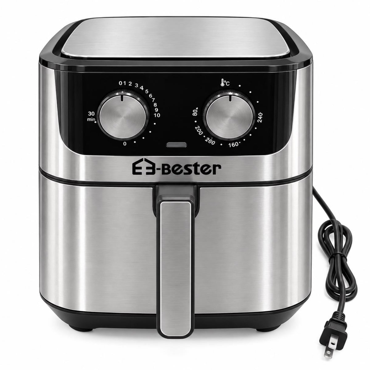 E3-Bester Stainless Steel Air Fryer with Dual Manual Controls & Pull-Out Basket – Black & Silver