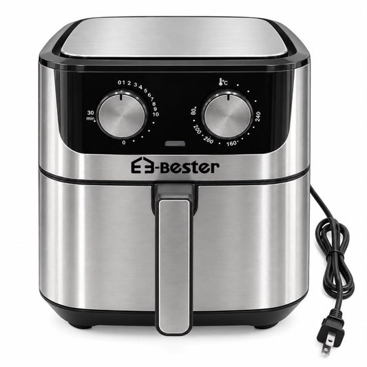 E3-Bester Stainless Steel Air Fryer with Dual Manual Controls & Pull-Out Basket – Black & Silver