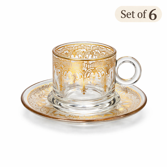 6-Piece Turkish Coffee Glass Set with Gold Filigree & Saucers