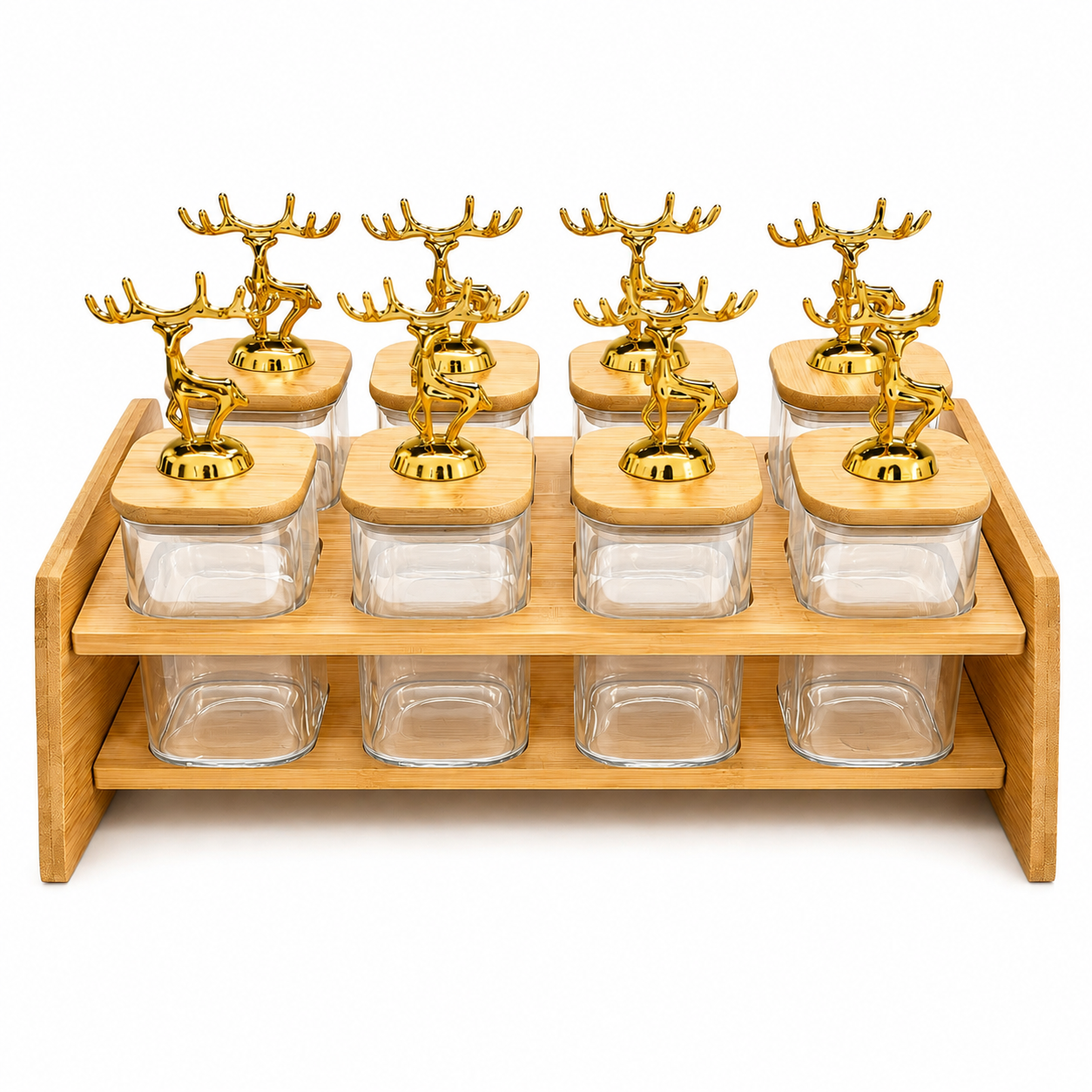 8 Jar Bamboo Spice Rack & Organizer- Clear Containers & Gold Deer Handles