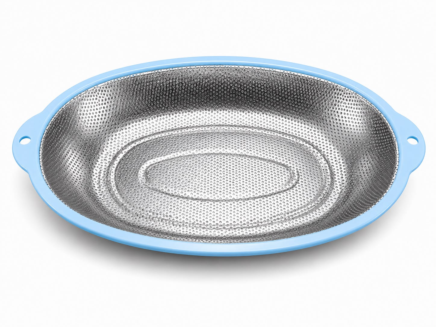 Stainless Steel Oval Mesh Strainer with Blue Color& Handles – Kitchen Colander for Washing, Draining & Rinsing Fruits and Vegetables medium sized
