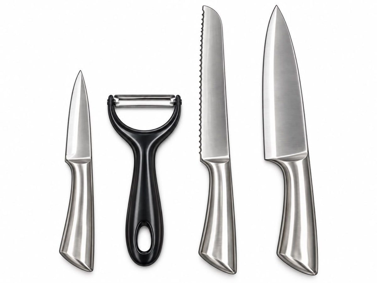 4-Piece Stainless Steel Kitchen Knife Set with Chef Knife, Serrated Knife, Paring Knife & Y-Peeler – Silver & Black