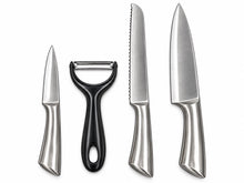 4-Piece Stainless Steel Kitchen Knife Set with Chef Knife, Serrated Knife, Paring Knife & Y-Peeler – Silver & Black