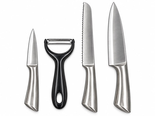 4-Piece Stainless Steel Kitchen Knife Set with Chef Knife, Serrated Knife, Paring Knife & Y-Peeler – Silver & Black