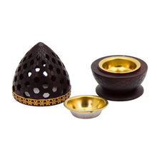 Honeycomb Pattern Incense Burner with Gold Inner Cup and Pierced Dome Lid - Dark Brown