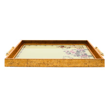 Vintage Floral Glass Serving Tray with Antique Gold Frame & Handles