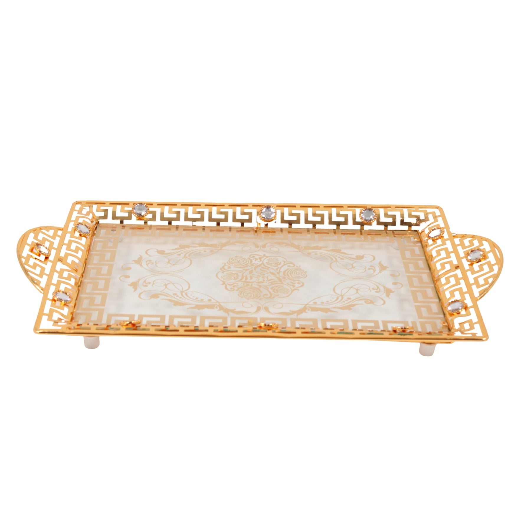 Luxury Gold and Glass Serving Tray with Crystal Accents