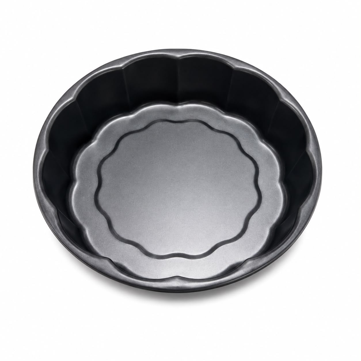 Round Fluted Cake & Baking Pan– Black Interior with Red Exterior, Decorative Scalloped Cake Mold M