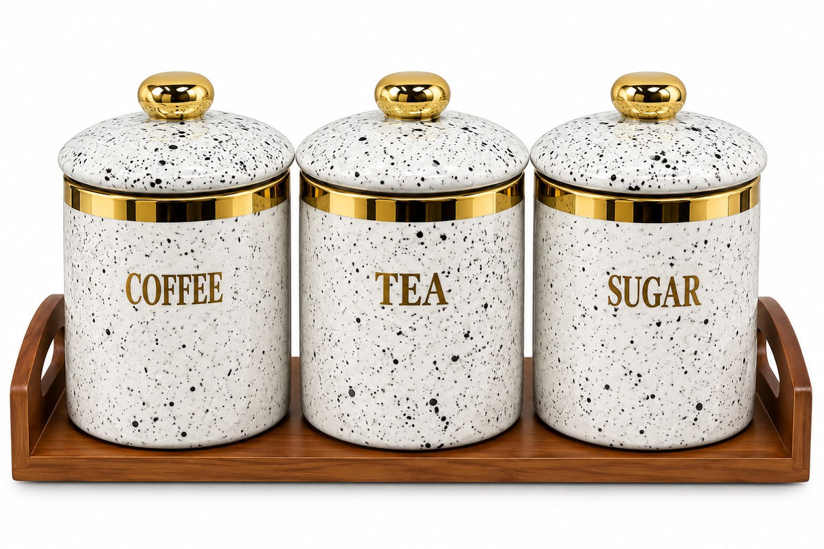 3-Piece White Speckled Coffee, Tea & Sugar Canister Set with Gold Accents, Lids & Wooden Tray
